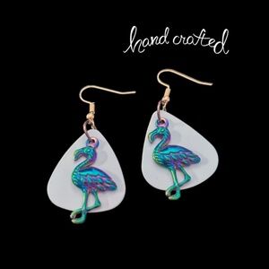 Hand Crafted Drop Earrings Repurposed Guitar Picks Iridescent Neon Flamingo NIP